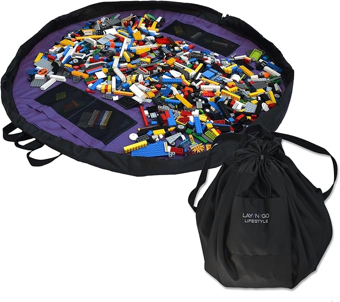 Lay-n-Go Layflat Portable Drawstring Cinch Storage Toy & Mini Figures Organizer & Play Mat, Mesh Pockets, Home & Travel, Kids & Toddlers Playdates, 2 Straps for Backpack, Durable, Machine Washable