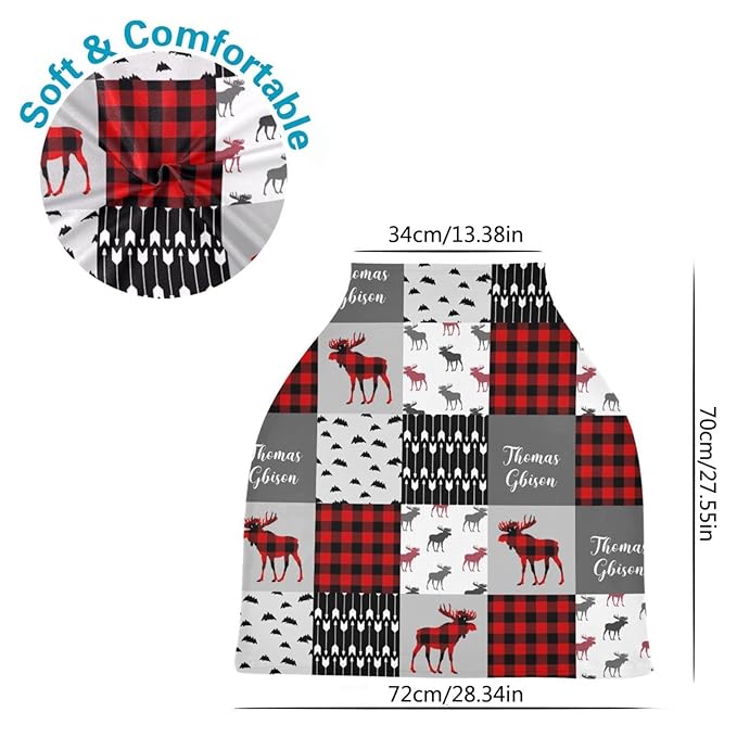 Personalized Baby Car Seat Cover for Boys Girls, Custom Nursing Covers for Breastfeeding with Name, Infant Stroller Cover, Baby Carseat Canopy for Newborn, Multiuse Car Seat Canopies, Red Plaid Deer