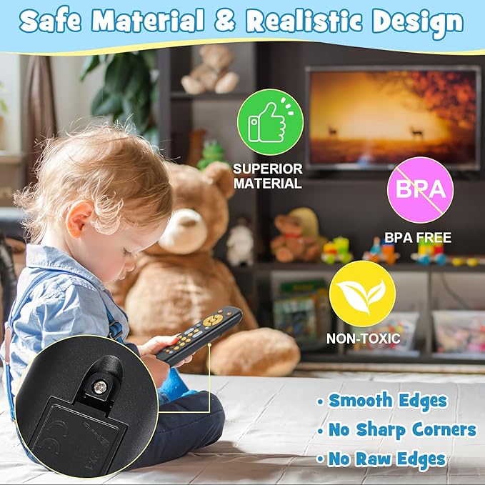 Baby TV Remote Control Toy for 6 Months+, Play Remote Musical Toys with Sound and Light, Early Development Toys with 3 Language English/French/Spanish for Toddlers 6 12 18 Month, BPA Free