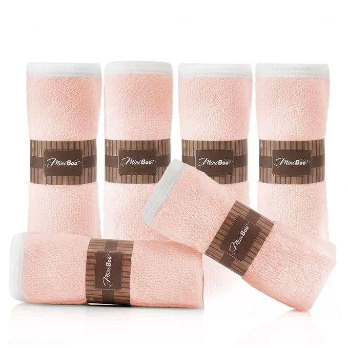 MINIBOO Premium Baby Washcloths for Sensitive Skin - Extra Soft and Absorbent Viscose from Bamboo Face Cloths and Newborn Bath Face Towel - Perfect as Baby Gifts - 6-Pack (Pink)