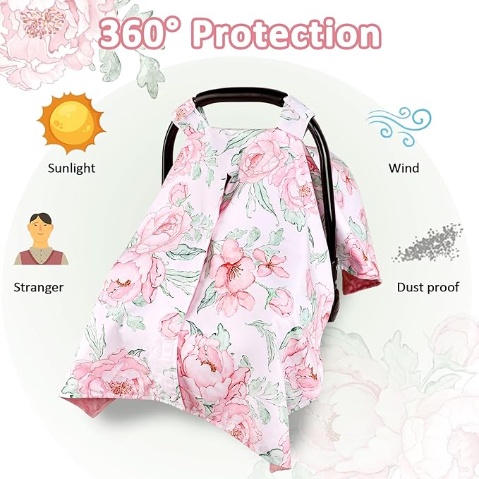 DILIMI Car Seat Cover Baby Girl, Minky Warm Winter Car Seat Covers for Babies, Peekaboo Opening Infant Car Seat Cover, Nursing Cover Carseat Canopy, Pink Flower
