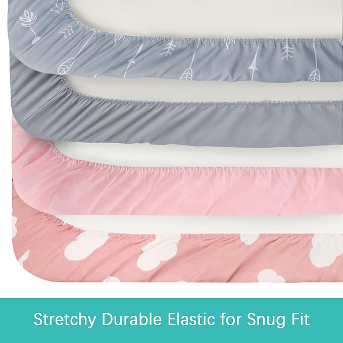 4 Pack Pack and Play Fitted Sheets Compatible with Graco Pack n Play Playard, UPPAbaby Remi and Other 27x39 Playpen Mattress, Ultra Soft and Skin-Friendly, Pink Cloud