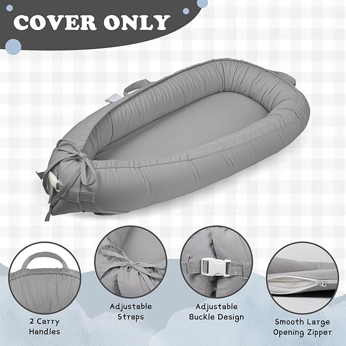 Baby Lounger Cover for Boys and Girls, Gray 100% Cotton Baby Nest Cover, Breathable Replacement Cover for Infant and Newborn Snuggle Me Lounger, Cover Only