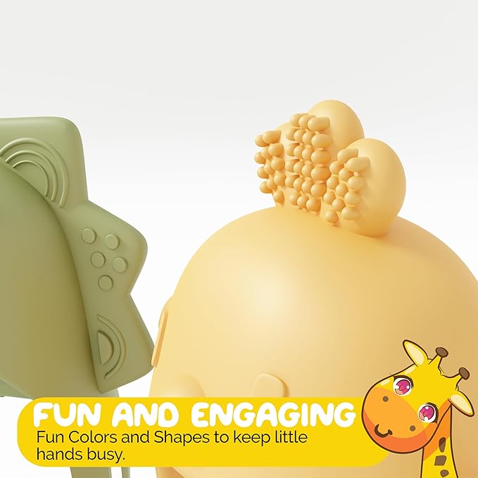 Teethers for Babies 6-12 Months Pack of 2 Wearable Weaning Pacifier Teether Toy - Little Chick Mini Dino Pacifier Silicone Toys for Babies - Yellow and Green by Muqee Peeko