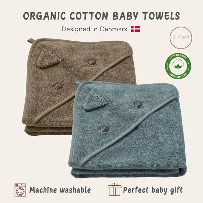 Hooded Baby Towels - 100% Organic Cotton Baby Bath Towels, 32" x 32" Super-Soft and Absorbent Baby Towels for Newborn 2-Pack (Towel Dino Green Moss/Dino Tradewinds)