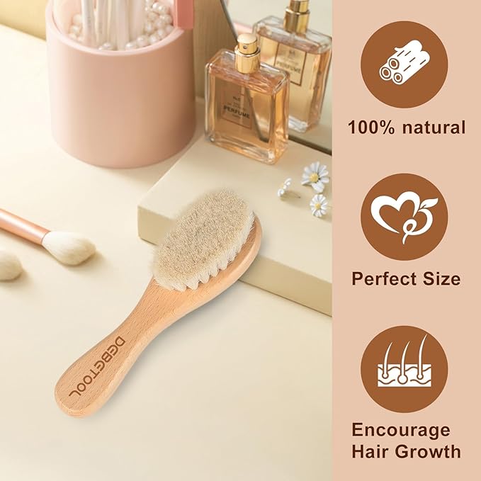 DEBETOOL Baby Hair Brush, 2 Packs - Natural Wooden Brush with Premium Goat Bristle, Ideal for Newborns & Toddlers, Promotes Healthy Hair Growth, Prevents Scalp Irritation, Off-white