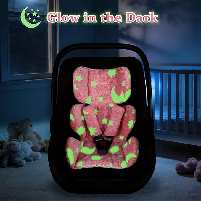 Infant Car Seat Insert Cushion, Baby Car Seat Head Body Support with 2 Extra Strap Paddings, Newborn Car Seat Insert for Baby Girls & Boys, Premature Carseat Cushion, Pink Moon and Star