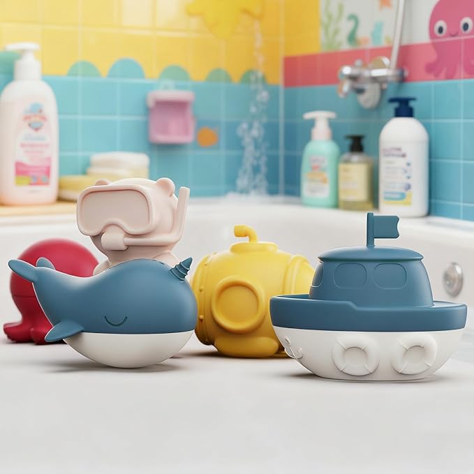 MarcZero Ocean Silicone Bath Toys 8Pcs for Toddlers Kids Babies,Bathtub Water Toys,Soft Squeezable Easy-Grip Pool Toys Set (Blue)