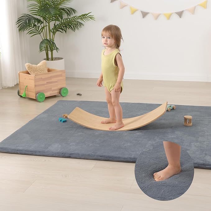 Huloo Sleep Baby Play Mat for Floor,1.3" Thick Elasti-Foam 50"×74" Playpen Mat for Tummy Time,Water Repellent Soft Coral Velvet for Toddler,Infant,Kids,Non-Slip Backing Safe for Crawling(Dark Grey)