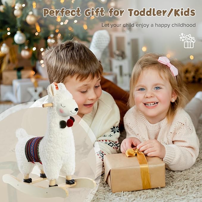 labebe - Baby Rocking Horse Wooden, Plush Stuffed Rocking Animals White, Kid Ride on Toys for 1-3 Years Old, Llama Rocking Horse for Girl&Boy, Toddler/Infant Rocker for Nursery, Kid Riding Toys/Horse