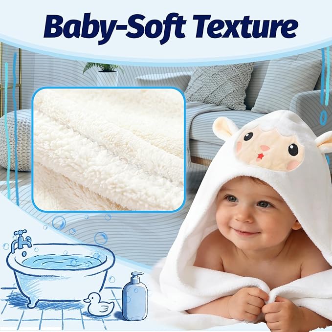 Hooded Baby Towel- Large Baby Towel with Hood（31.5 x 31.5 Inch）, Natural toddler towels,Ultra Soft and Absorbent Coral Velvet Coral Fleece Bath Towel for Infants, Newborns, Toddlers, Unisex (white)