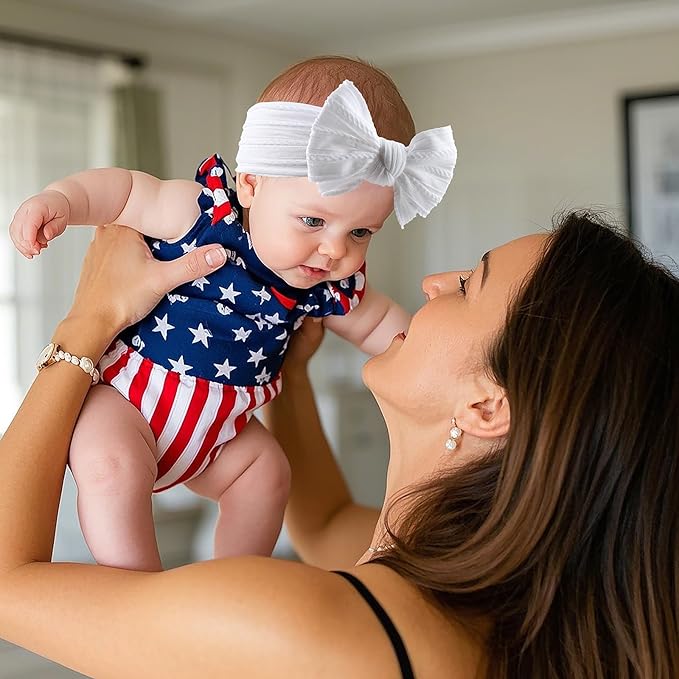 LemonSpace Handmade Headband for 4th of July Blue Baby Bow Newborn Accessories Infant Girls Hair Bows Red White and Blue Stretchy Soft Nylon Baby girl Bows Newborn Toddlers Headwrap