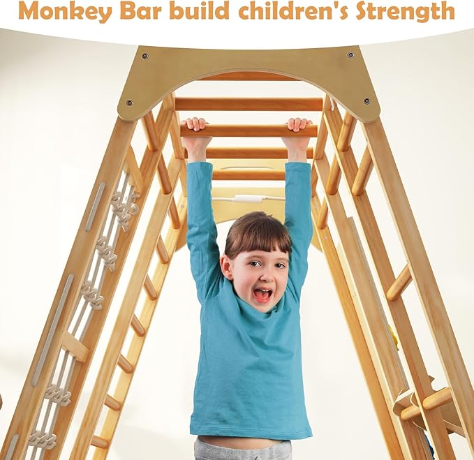 INFANS Indoor Jungle Gym, 8 in 1 Kids Montessori Indoor Playground Climbing Playset for Toddlers with Slide Swing Net Monkey Bars Rope Ladder, Wood Climber Toys for Boys Girls
