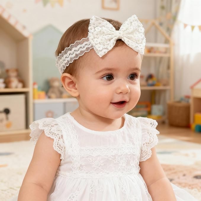 Baby Girls Bow Lace Headband Cute Soft Hairband White Butterfly Knot Headbands for Newborn Infants Toddlers Kids Christening Baptism Birthday Party Hair Accessories（White flower bow）