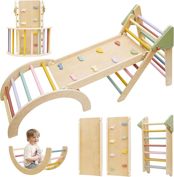 3in1 Pikler Triangle Set, Pikler Triangle Climbing Toys Set for Toddlers, Wooden Toddler Climbing Toys Indoor Playground, Foldable Montessori Climbing Set with Arch&Ramp&Ladder, Jungle Gym for Kids