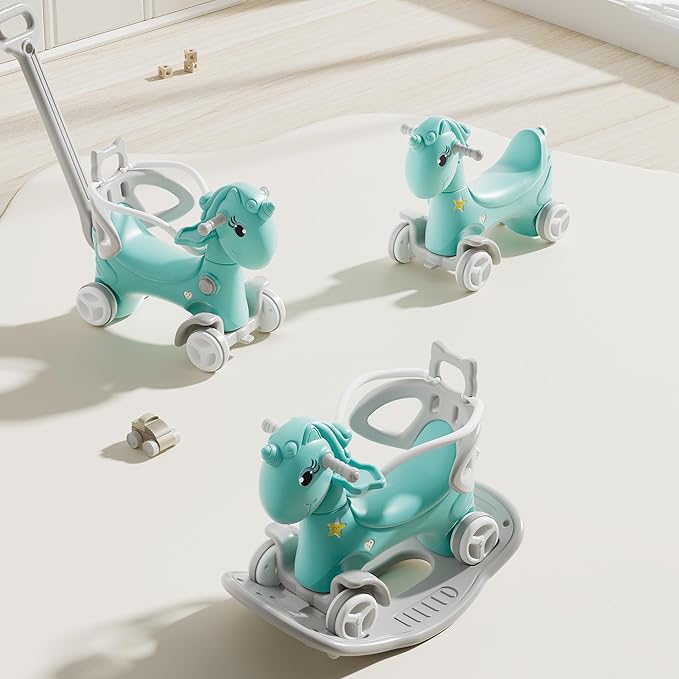 Runboll Rocking Horse for Toddlers, Baby Rocking Toy with Push Handle, Backrest & Detachable Balance Board, Riding Horse Toy for Baby Girl and Boy, 1-3 Years Old Kids Riding Birthday