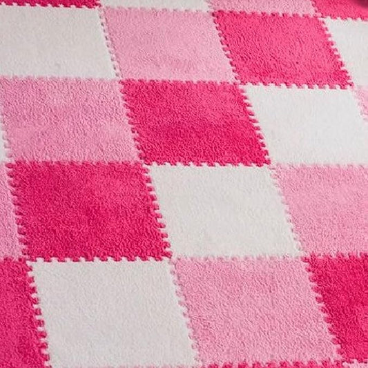 12pcs Plush Puzzle Foam Floor Mat, Cute Soft Fluffy Interlocking Square Foam Tiles Area Rugs Carpet for Parlor Bedroom Decoration(11.8x11.8x0.4in, Rose Red&Pink&White)