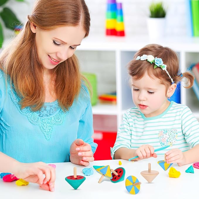 NUOBESTY 12Pcs Wood Spinning Tops, DIY Blank Painting Gyroscope Toy for Kids Art Crafts, Unfinished Hand Painted Spin Top Bulk for Classroom, Party Favors, Kindergarten Education