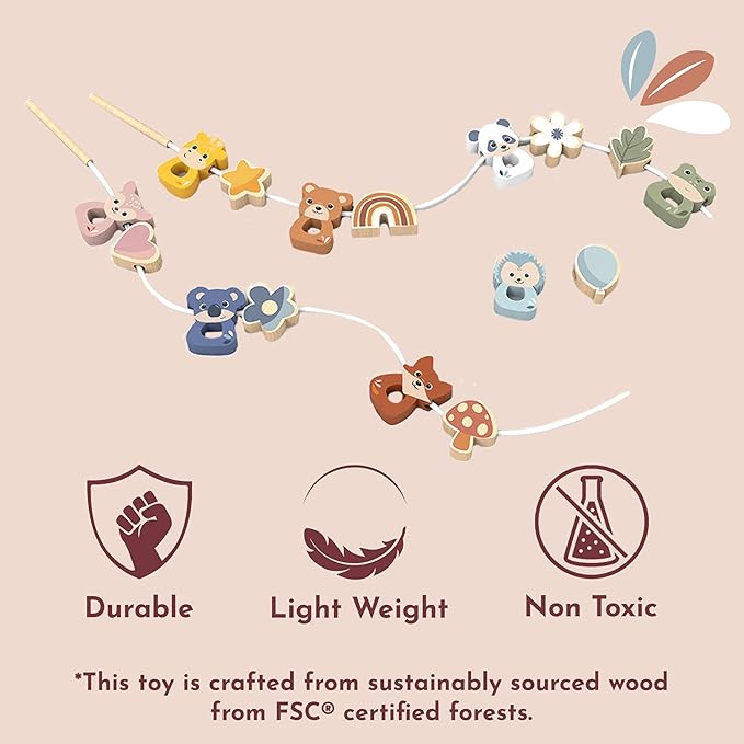 SPEEDY MONKEY Wooden Lacing Beads Set for Toddlers 24m+ | Animal Threading, Sorting & Stacking Toy | Fine Motor Skills & Hand-Eye Coordination | Shape, Color & Pattern Learning Activity Toy for Kids