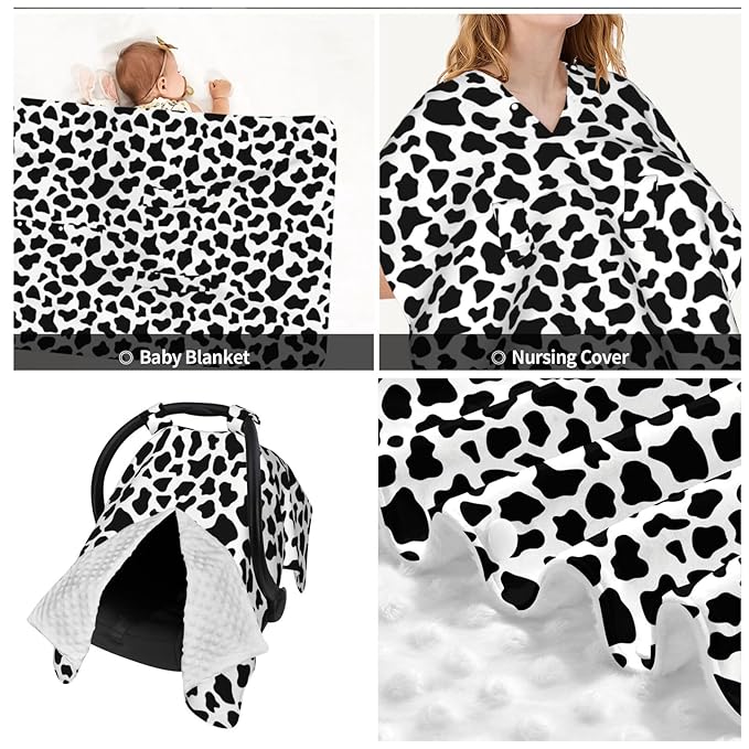 Black and White Milk Cow Skin Pattern Baby Car Seat Canopy Nursing Cover for Newborn Car Seat Breastfeeding Covers Blanket Newborn Shower Gift