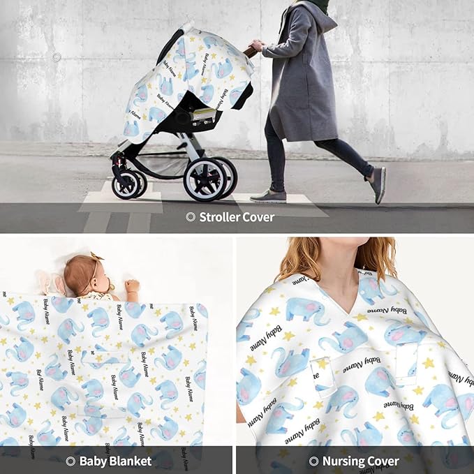 Personalized Watercolor Elephant Baby Infant Car Seats Canopy for Babies with Name, Custom Car Seat Covers for Baby Boys Girls, Peekaboo Minky Nursing Breastfeeding Stroller Canopies for Newborn