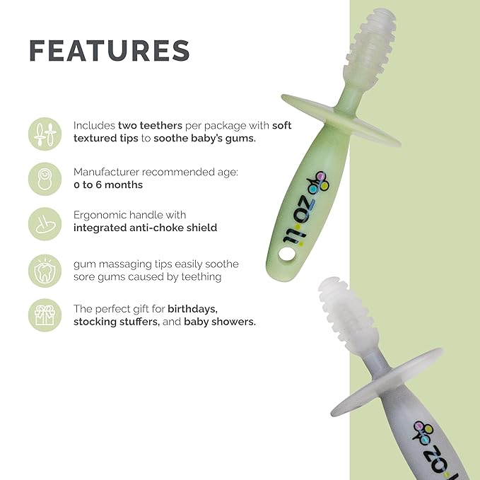 ZoLi Chubby Gummy teether | 2 Pack Baby Teething Relief - Green/Grey, BPA Free Teething Stick