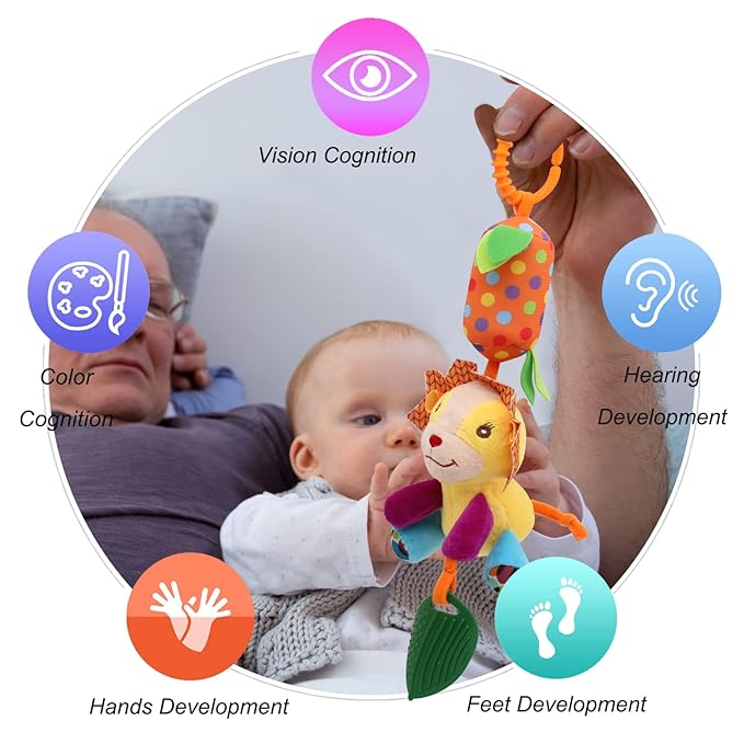 Bloobloomax Baby Soft Hanging Rattle, Car Seat Stroller Toys with Plush Animal C-Clip Ring for Infant Babies Boys and Girls 3 6 9 to 12 Months (12PCS-A)