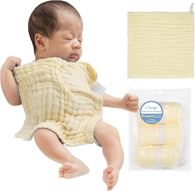 L'Ange Baby Washcloths and Burp Cloths Set - 3 Pack of 9 Layer 100% Cotton Muslin for Sensitive Skin - Super Absorbent - Medical Grade Packaging for Infants Newborns and Toddlers- 9x9 -Yellow
