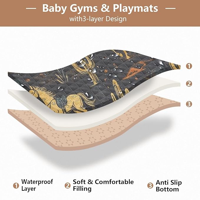 Baby Play Mat Western Cowboy Horse Cactus 50" X 50" Play Gym Crawling Mat Soft Non-Slip Portable Picnic Floor Mat for Infant, Babies, Toddler, Kids
