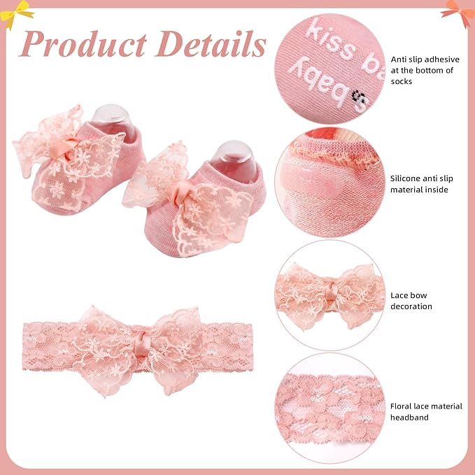 3 Pack Baby Girls Headbands and Socks Set Newborn Lace Bow Hairbands Non-Slip Grips Socks for Babies Infants and Toddlers (Beige, Pink, White)