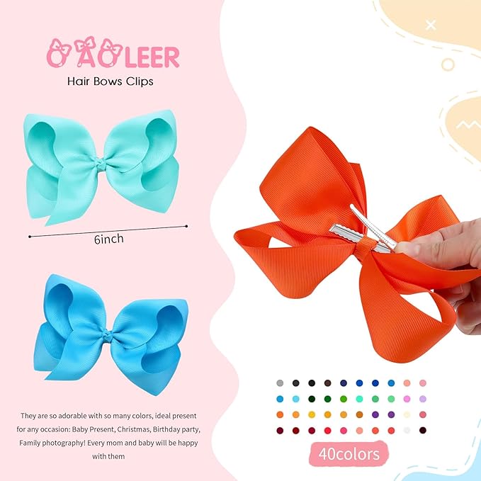 Oaoleer 40Pcs 6" Hair Bows Clips Grosgrain Ribbon Bows Hair Alligator Clips Hair Barrettes Hair Accessories for Baby Girls Infants Toddlers Kids Teens Children (6 Inch (Pack of 40)-40 Colors)