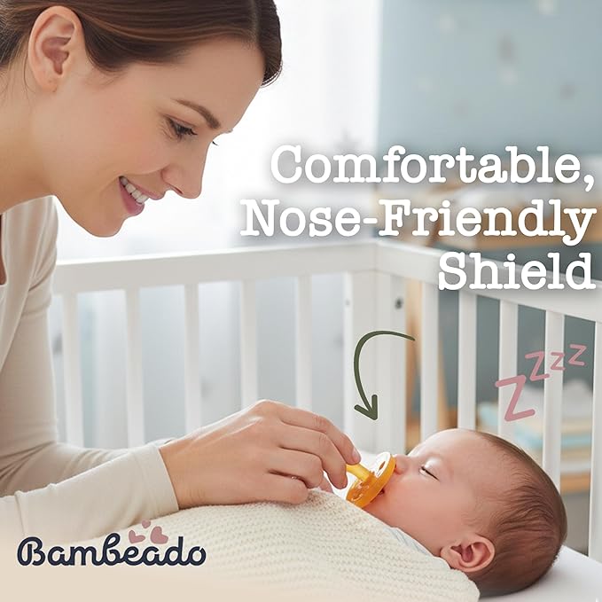 Bambeado PaciBamber Baby Pacifier - Natural Pacifier & Baby Teething Toy - Made with Natural Rubber and Baltic Amber Elements - Soft on Gums, Easy to Clean - Baby Pacifiers for 6-12 Months, 2 Units