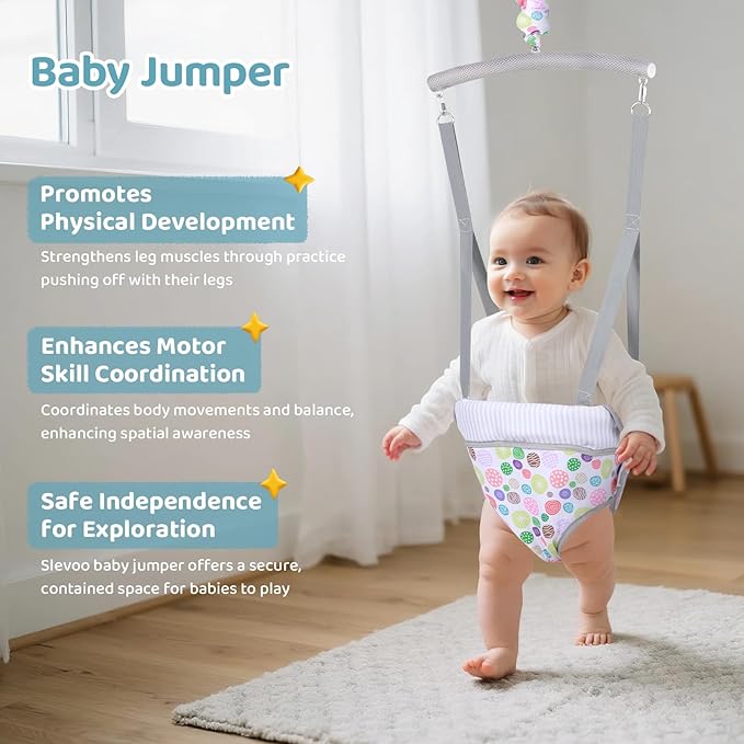 Slevoo Baby Jumper, with Ceiling Hook, Quick-Entry and Space-Saving Portable Infant Jumper for Small Spaces, Joyful Bubbles