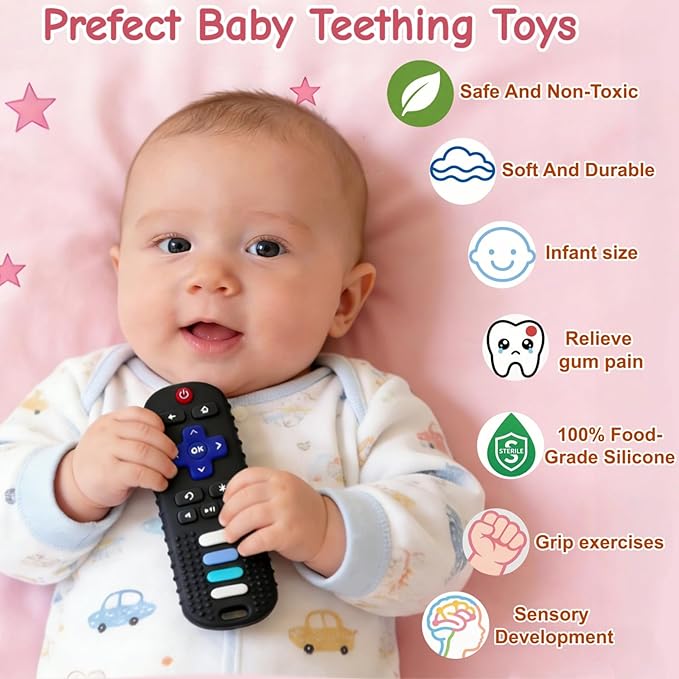 2Pcs Baby Teething Toys, BPA-Free Food Grade Silicone Baby Remote Control Teething Toy for 3-18 Months, Teething Relief Baby Toys, Teething Relief Newborn TV Remote Shaped Toy (Black&Pink)