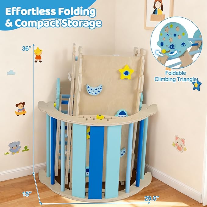 Costzon Pikler Triangle Set, 9-in-1 Foldable Baby Climbing Toys, Wood Montessori Climbing Set for Learning and Motor Skills, Indoor Playground Jungle Gym for Toddlers 3+ Climber Gifts (Blue)