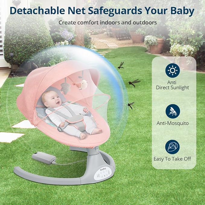 Bioby Baby Swing for Infants with 5 Natural Sway Speeds, Portable Bt Music Baby Swing with Remote Control & 5-Point Harness, Lightweight Baby Rocker for 5-20 Lb,0-12 Months Pink