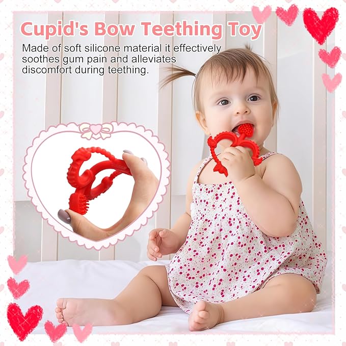 Valentines Heart Baby Teething Toys for Babies 0-36 Months, Easy for Little Hands to Hold,Cupid Bow and Arrow Soft Teether Toy, Surface texture for Teething Relief, Perfect Valentine's Gift for Babies