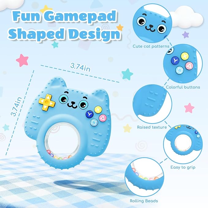 Silicone Baby Teething Toys for 0-6-12 Months, Kitten Remote Rattle Teether for Infant Gum Relief, No BPA Chew Toy for Infant 0-3-6-9-12, Easy-Grip Ring Gift for Travel & Bath