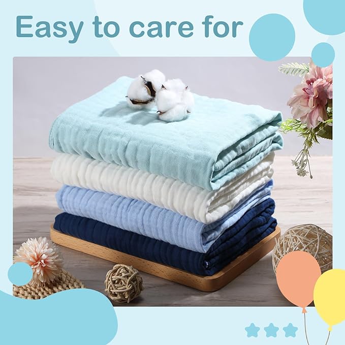 Peryiter 4 Pcs Muslin Hooded Baby Towels 32 x 32 Inch Cotton Newborn Bath Essentials Muslin Infant Blankets Absorbent Registry Gifts for Girl Boy Kids Baby Shower (Blue Series)