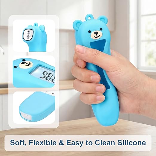 Cute Bear Silicone Thermometer Case Compatible with GoodBaby No-Touch Thermometer, Soft Anti-Drop Protective Cartoon Animal Cover Helps Calm Babies During Temperature Checks - Blue