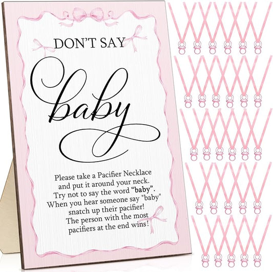Geetery 51 Pcs Don't Say Baby Game Sign Cool Baby Shower Game 50 Pacifier Necklace Wooden Don't Say Sign Plastic Pacifier Party Favor for Gender Reveal (Pink Bow,Pink)