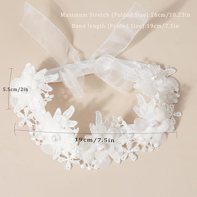 Baby Girls Hairband White Bow Lace Headbands Handmade Soft Stretchy Wide Head Band Newborn Hairbands with Bows Pearls Elastic Headband for Infant Hair Accessories（Five Pearl Flowers）