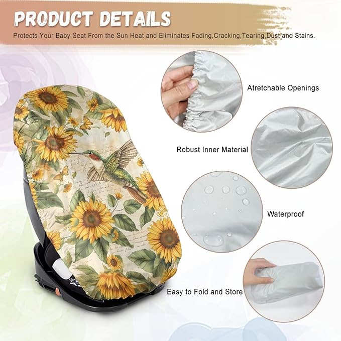 Hummingbird Car Seat Cover, Sunflower Car Seat Sun Shade Cover, Wear-Resistant Carseat Cover to Keep The Car Seat Cool, Easy to Install