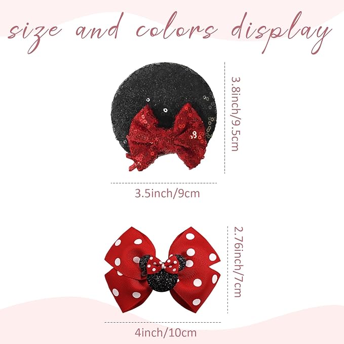 2 Pairs Red Mouse Ears Hair Clips & Mouse Hair Bows Barrettes for baby Girls Accessories Birthday Party Decorations Gift