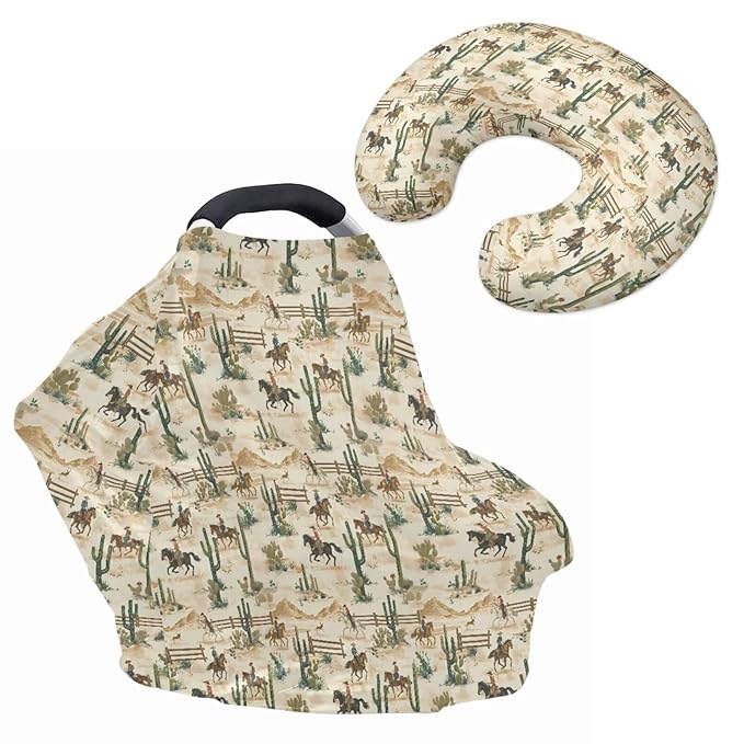 Cactus Cowboy Baby Car Seat Cover with Nursing Pillowcase Set of 2, Elastic Nursing Cover for Breastfeeding, Carseat Canopy Pillow Slipcovers for Baby Girls Boys