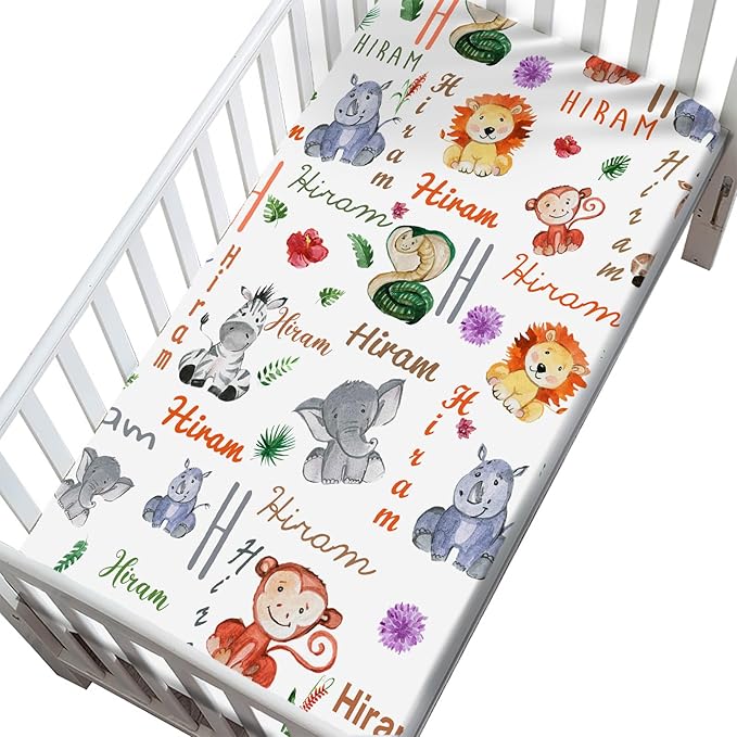 Personalized Mini Crib Mattress Fitted Sheets with Name, Customized Monogram Pack N Play Sheets for Baby Boys, Pack and Play Sheets Fitted, Stretchy Play Yard Sheets Playpen Sheet, Cute Animal