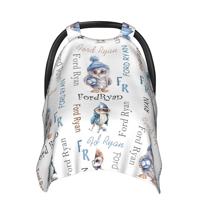 Personalized Baby Car Seat Canopy Minky Owl Baby Blanket Custom Name Baby Car Seat Cover Girls Boys Infant Newborn Carseat Canopy Nursing Cover for Stroller Car Seat Canopies