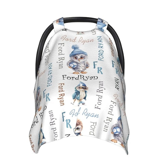 Personalized Baby Car Seat Canopy Minky Owl Baby Blanket Custom Name Baby Car Seat Cover Girls Boys Infant Newborn Carseat Canopy Nursing Cover for Stroller Car Seat Canopies
