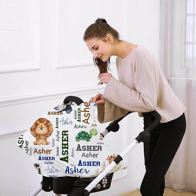 Custom Car Seat Covers for Babies - Breathable Baby Car Seat White Lion Pattern Cover for Girls Boys, Kick-Proof Newborn Carrier Canopy Stretchy Stroller Cover for 4 Seasons(27"x29")