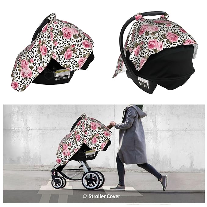 KiuLoam Pink Rose Leopard Cheetah Print Baby Car Seat Canopy Nursing Cover Breastfeeding Scarf Stretchy Soft Breathable Infant Carseat Cover for Babies Boys Girls